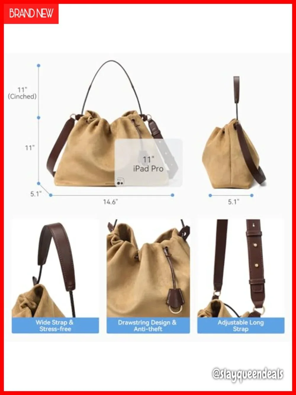 Slouchy Drawstring Hobo Bag Crossbody Shoulder Purse Vegan Suede